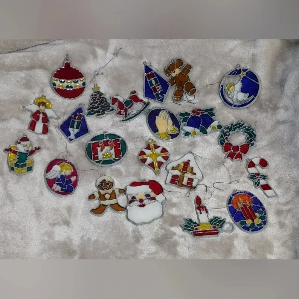 Lot of Vintage Leaded Stained Glass Look Christmas Sun Catcher Ornaments